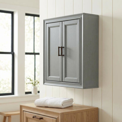 Gray wall cabinet with anti-tip hardware for bathroom storage