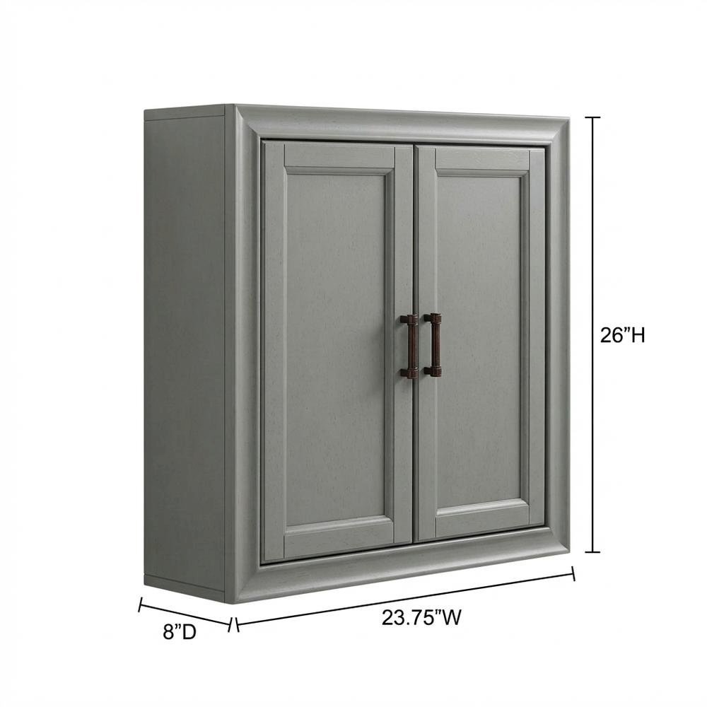 Gray wall cabinet with anti-tip hardware for bathroom storage
