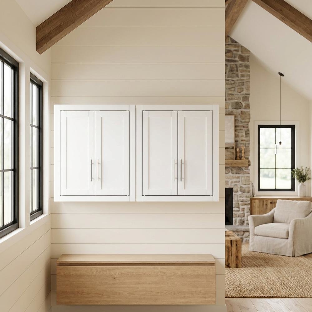 White 2-Piece Wall Storage Cabinet Set, MDF Birch Veneer