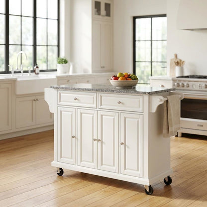 White and Gray Kitchen Cart with Granite Top and Storage Space