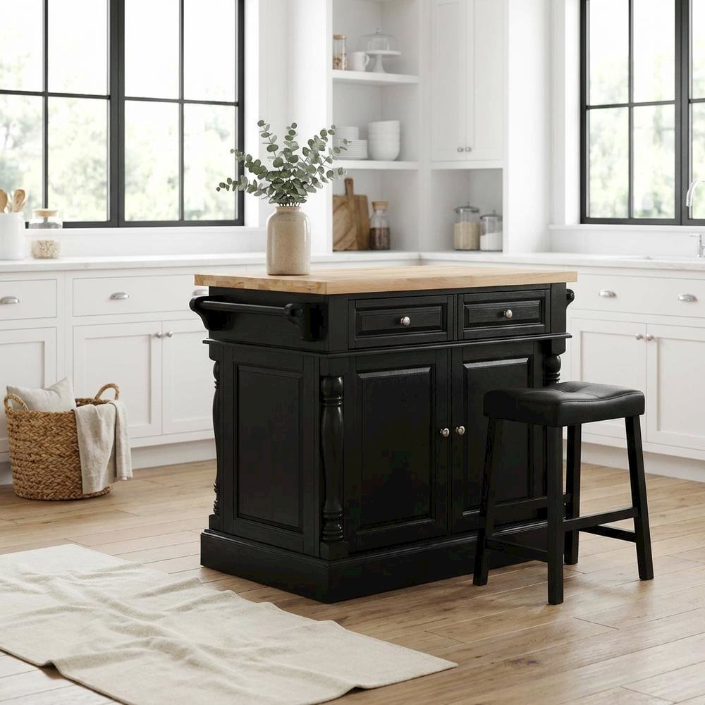 Black Kitchen Island with Upholstered Saddle Stools and Anti-Tip Safety
