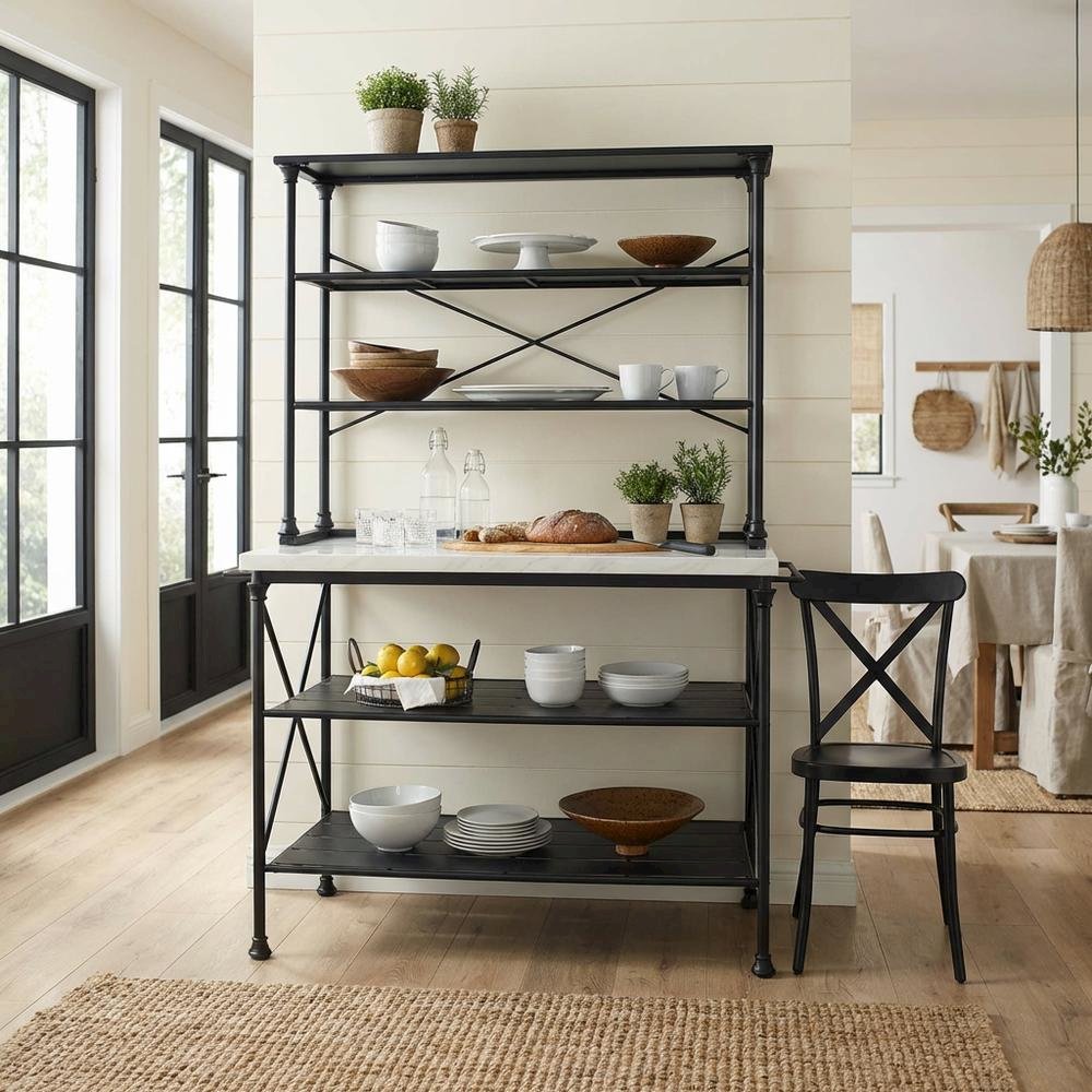 Matte Black Kitchen Island and Hutch Set with Anti-Tip Safety Features