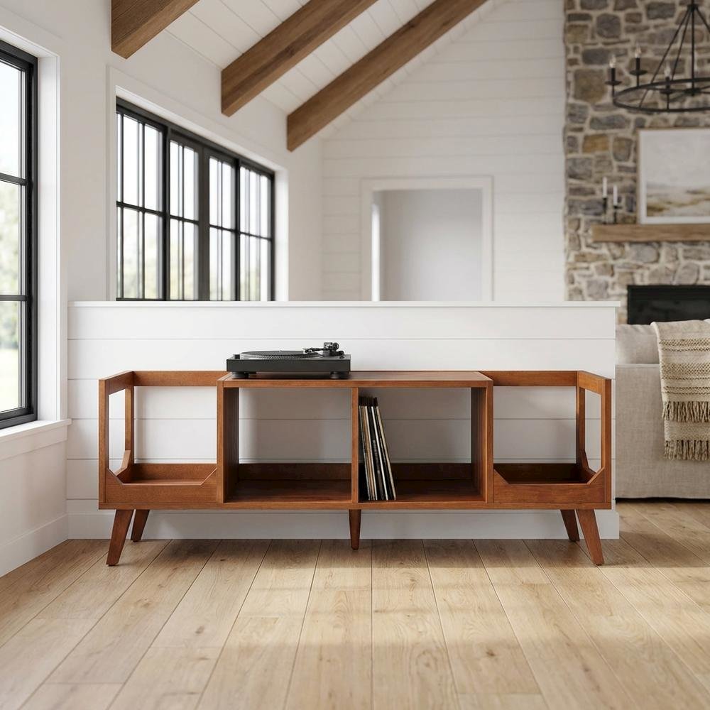 Black wood record player stand with vinyl storage and cable management