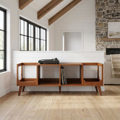 Black wood record player stand with vinyl storage and cable management