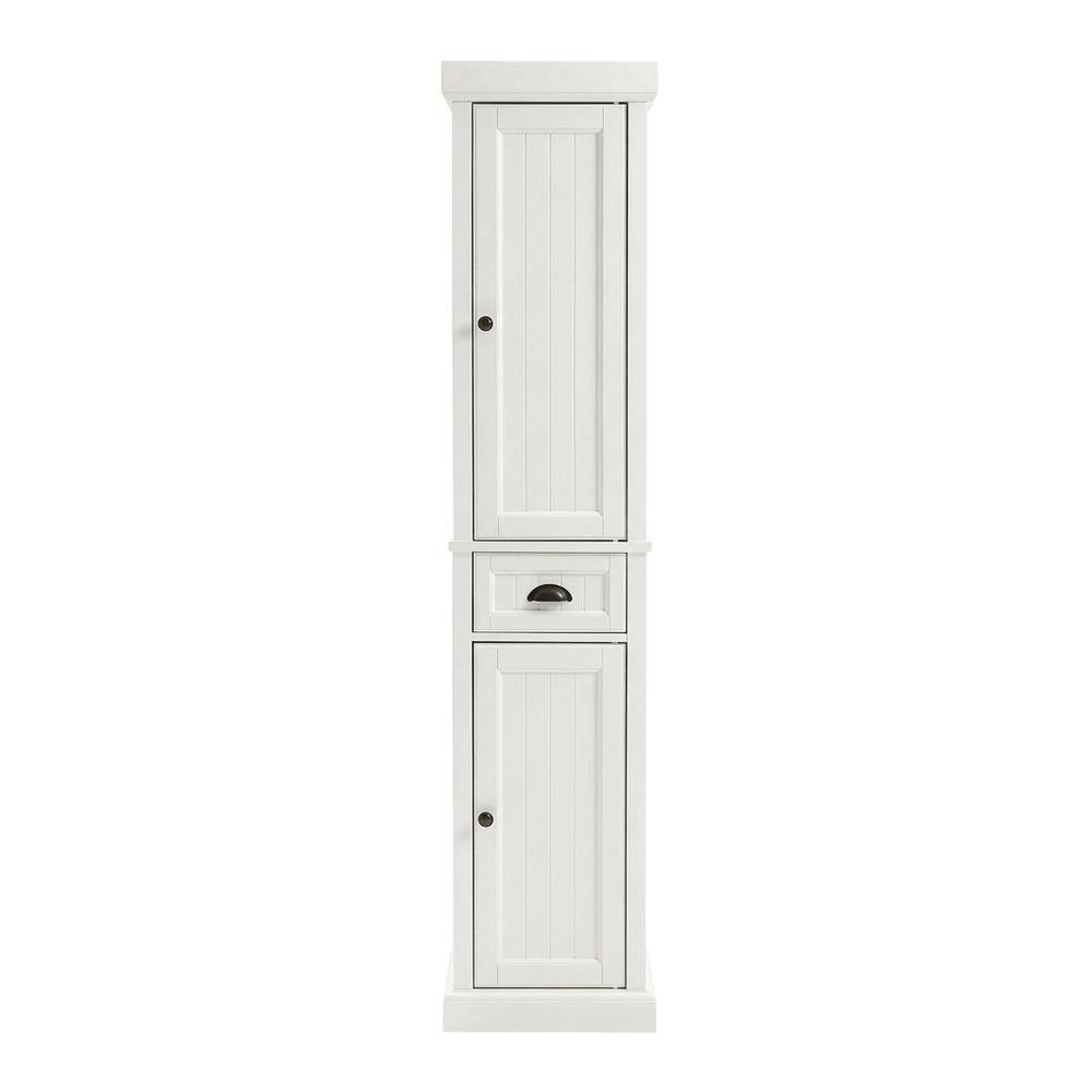 Tall linen cabinet in distressed white with anti-tip hardware