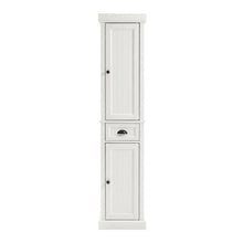 Tall linen cabinet in distressed white with anti-tip hardware