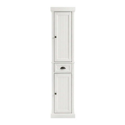 Tall linen cabinet in distressed white with anti-tip hardware