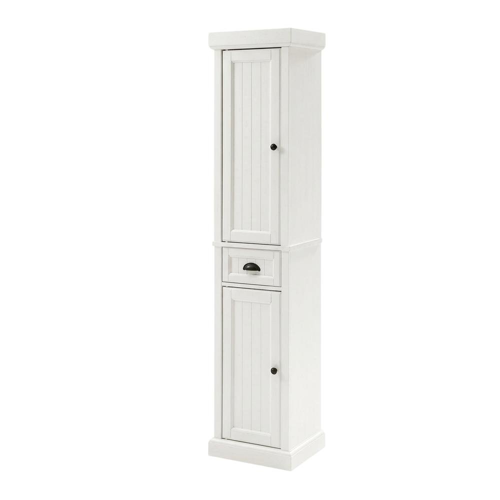 Tall linen cabinet in distressed white with anti-tip hardware