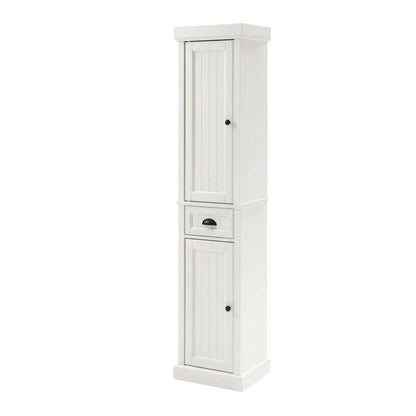 Tall linen cabinet in distressed white with anti-tip hardware