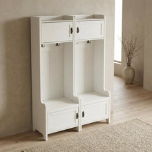 White entryway set with 2 hall trees for organized hallway storage