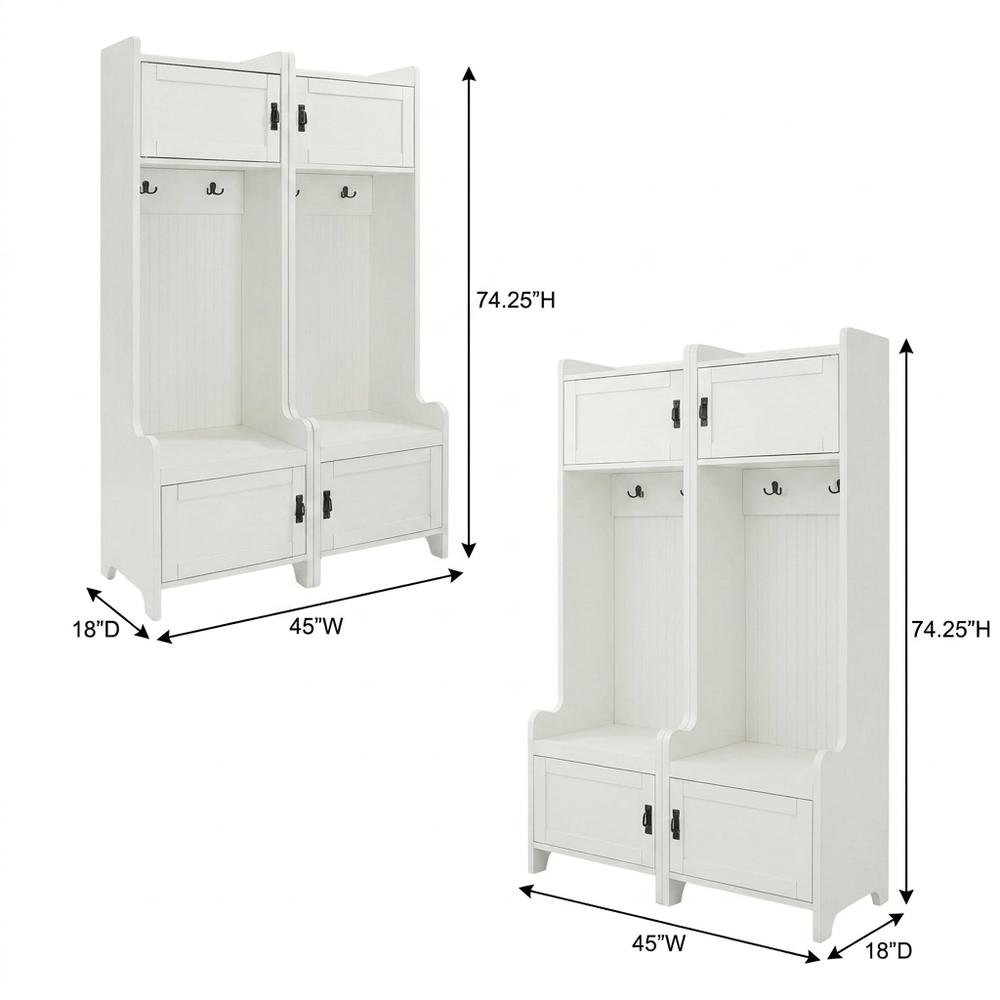 White entryway set with 2 hall trees for organized hallway storage