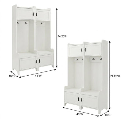 White entryway set with 2 hall trees for organized hallway storage