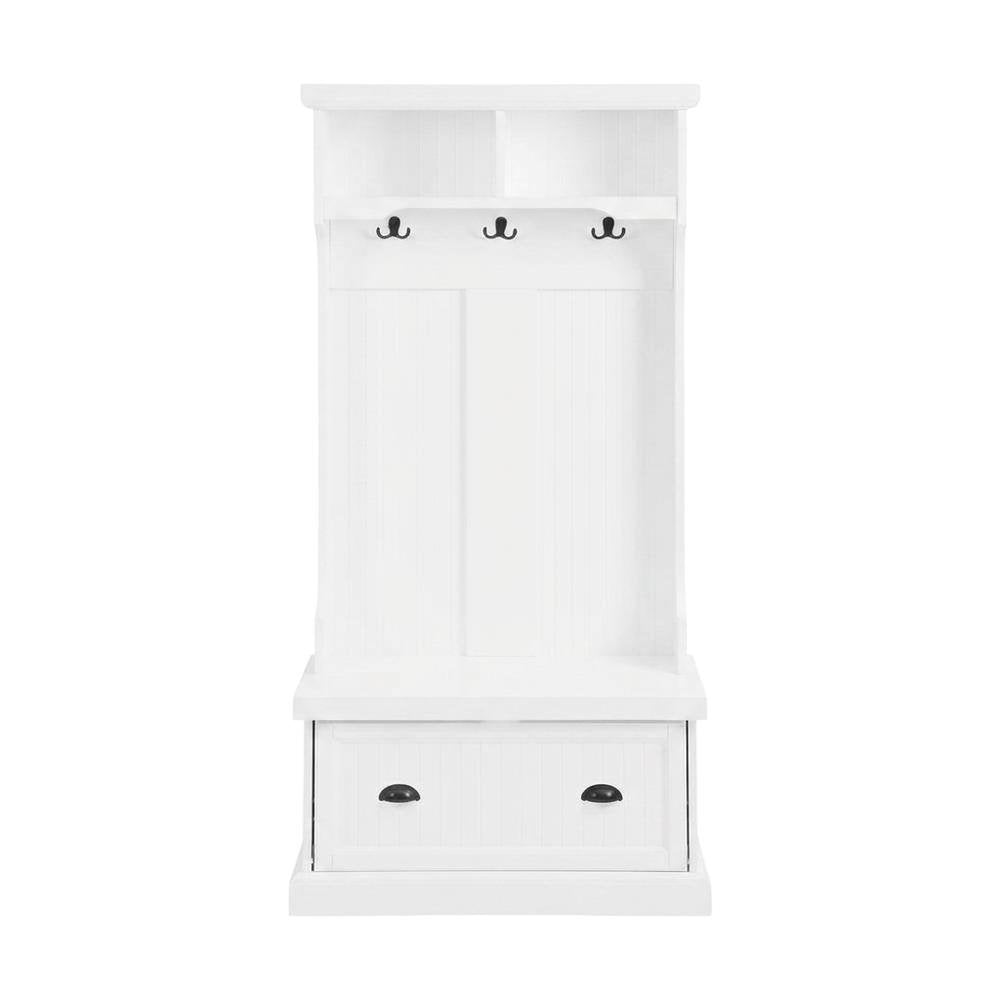 Wood hall tree with storage bench and coat hooks for entryway