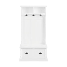 Wood hall tree with storage bench and coat hooks for entryway