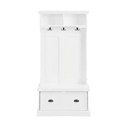 Wood hall tree with storage bench and coat hooks for entryway
