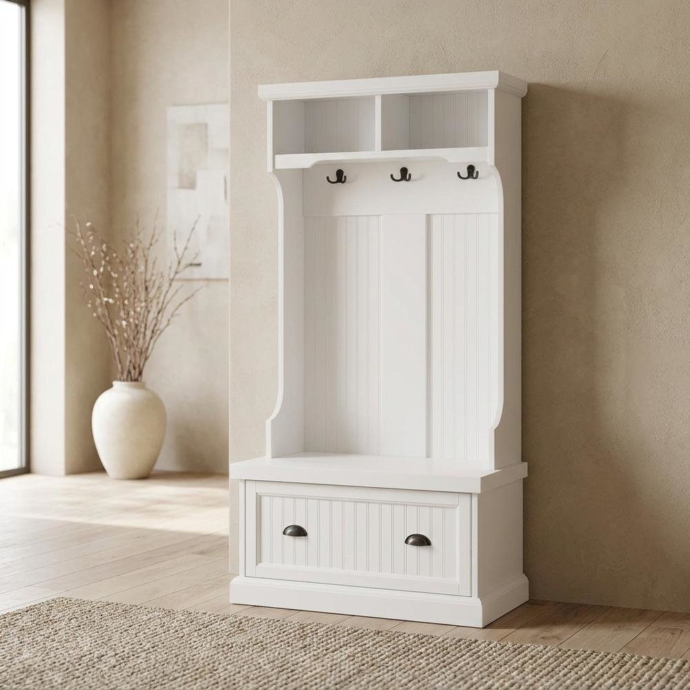 Wood hall tree with storage bench and coat hooks for entryway