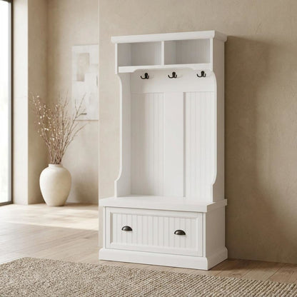 Wood hall tree with storage bench and coat hooks for entryway