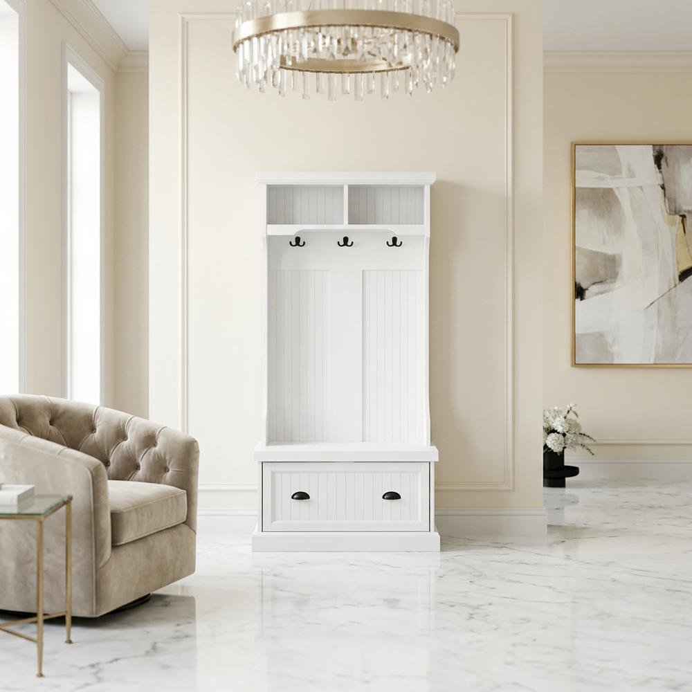 Wood hall tree with storage bench and coat hooks for entryway