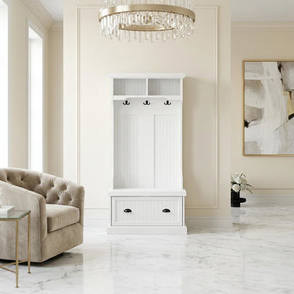 Wood hall tree with storage bench and coat hooks for entryway