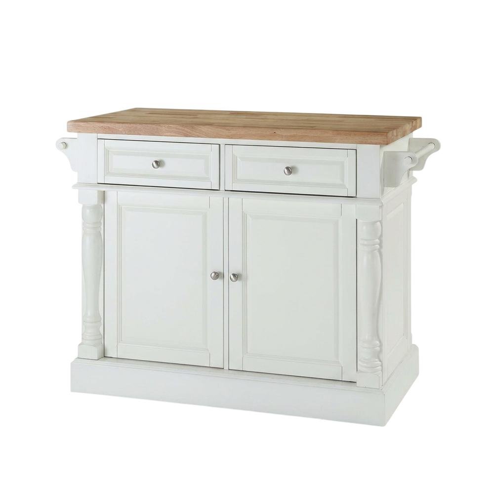 White kitchen island with butcher block top and anti-tip safety feature