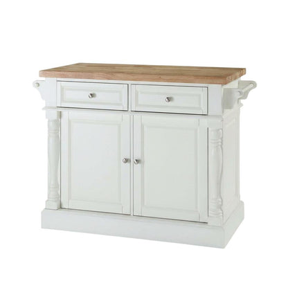White kitchen island with butcher block top and anti-tip safety feature