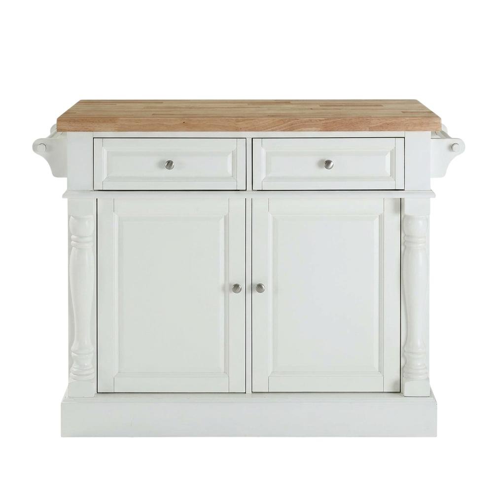White kitchen island with butcher block top and anti-tip safety feature