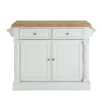 White kitchen island with butcher block top and anti-tip safety feature