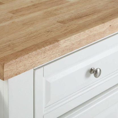 White kitchen island with butcher block top and anti-tip safety feature