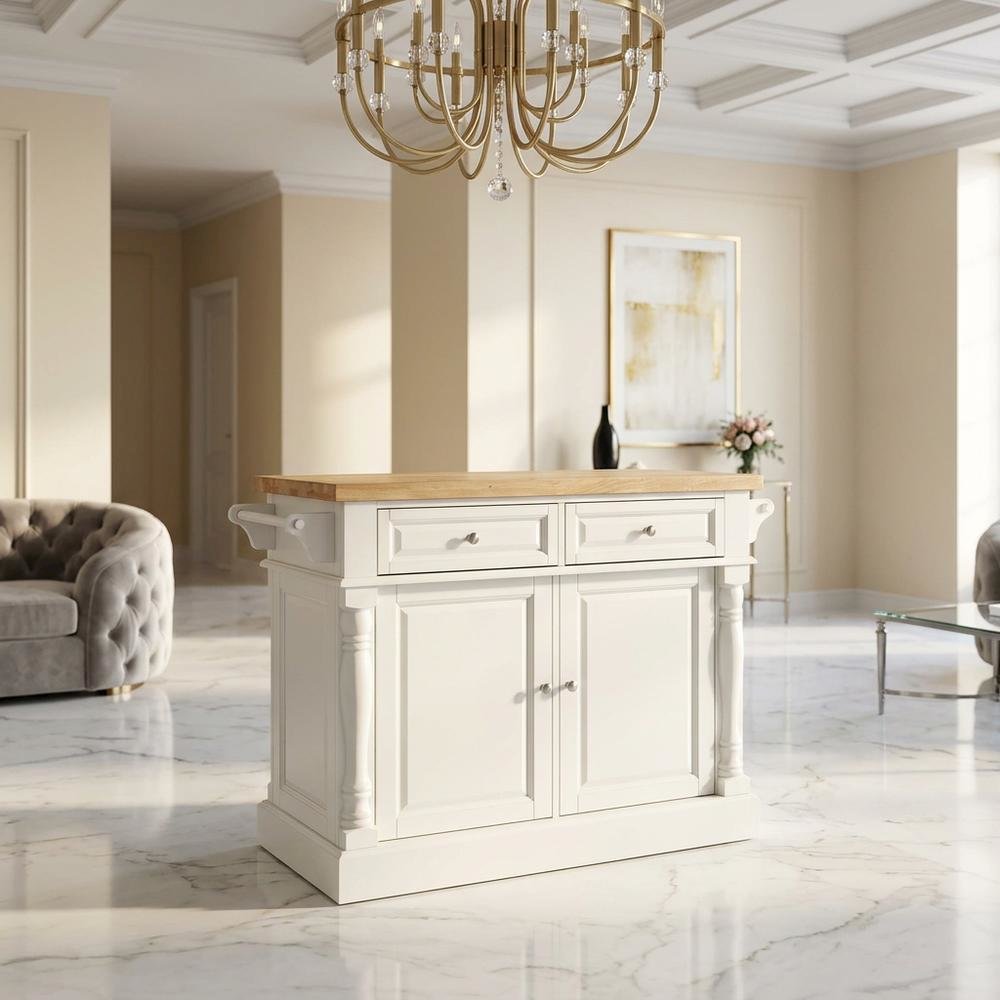 White kitchen island with butcher block top and anti-tip safety feature