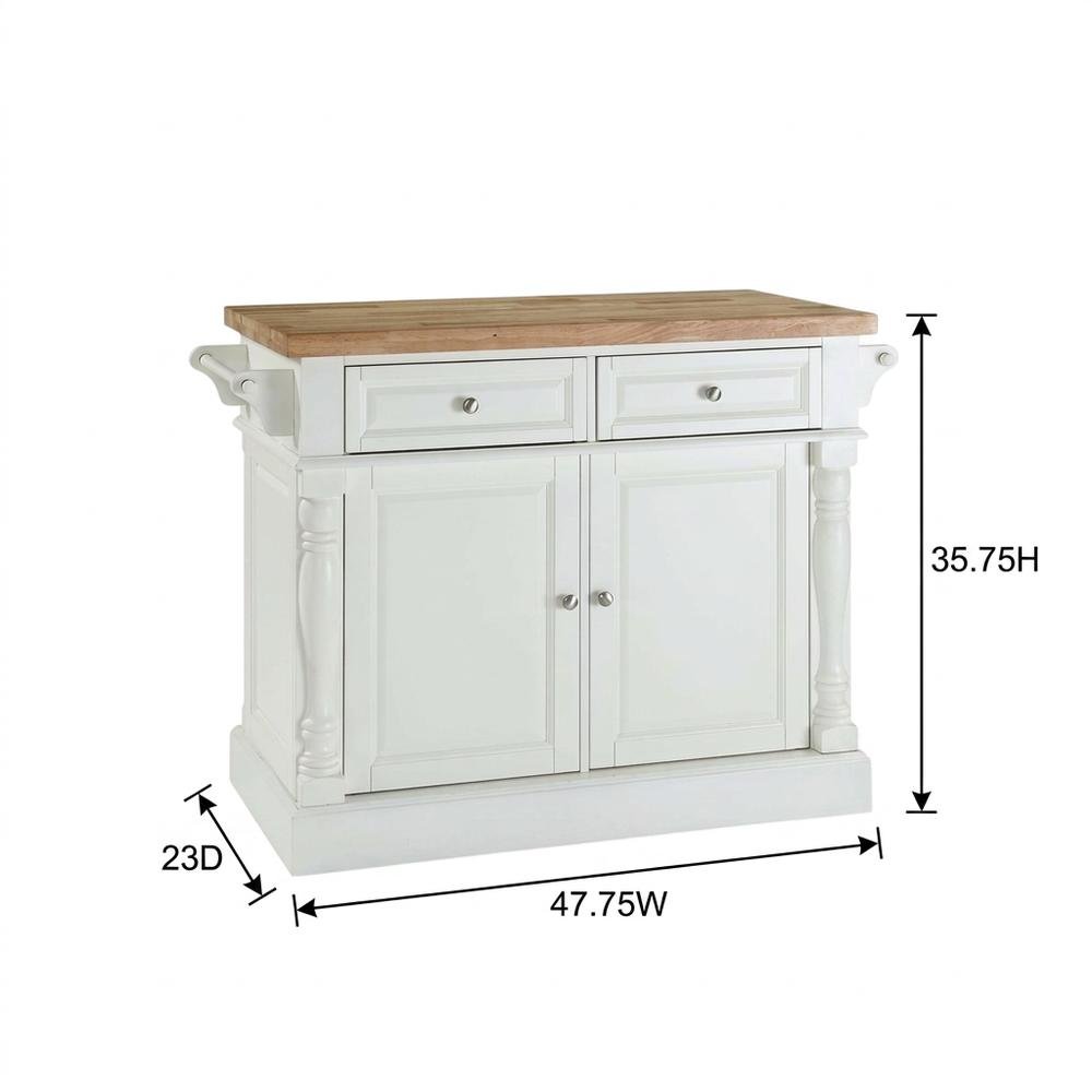 White kitchen island with butcher block top and anti-tip safety feature