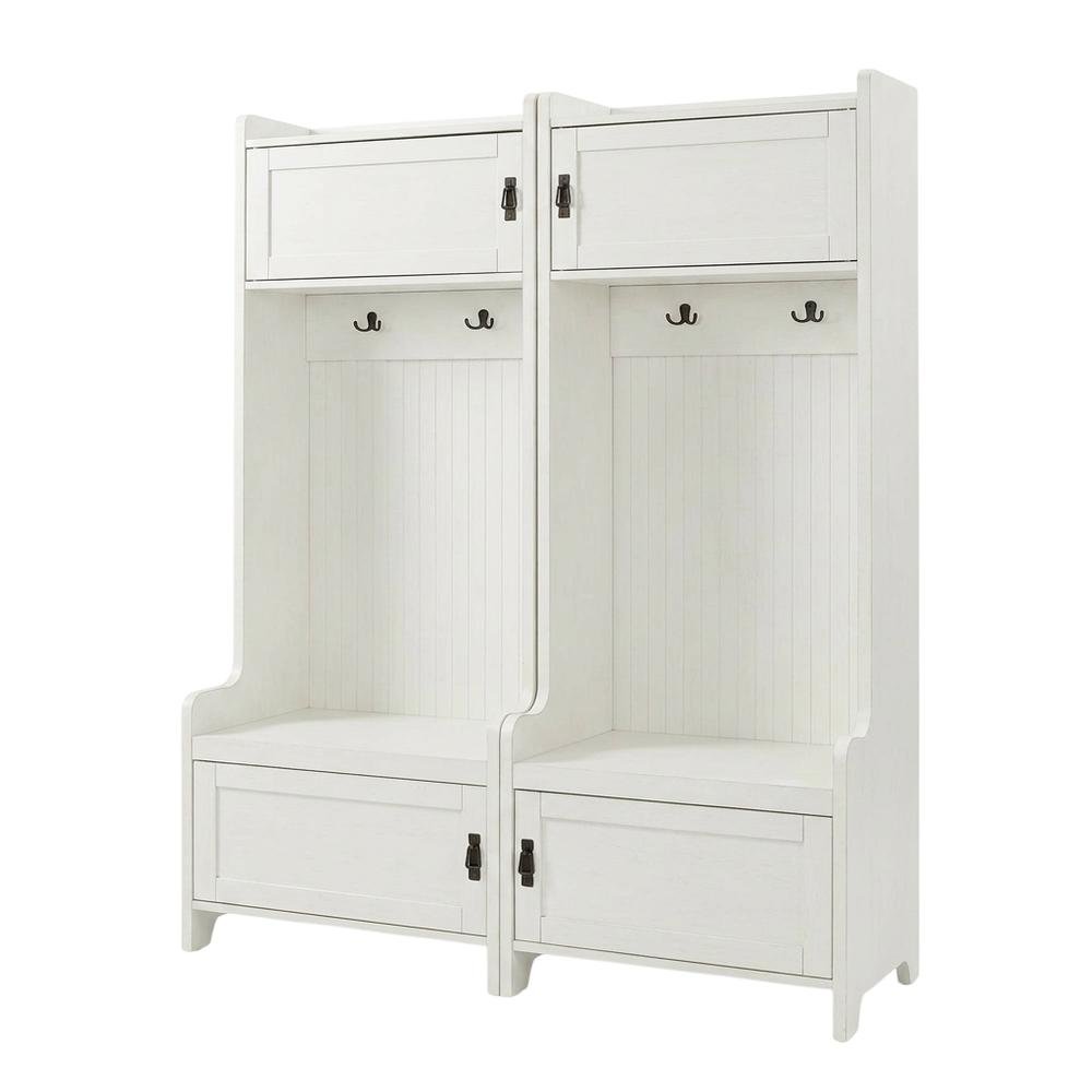 White entryway set with 2 hall trees for organized hallway storage