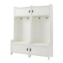 White entryway set with 2 hall trees for organized hallway storage
