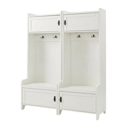 White entryway set with 2 hall trees for organized hallway storage