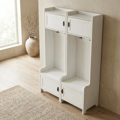 White entryway set with 2 hall trees for organized hallway storage