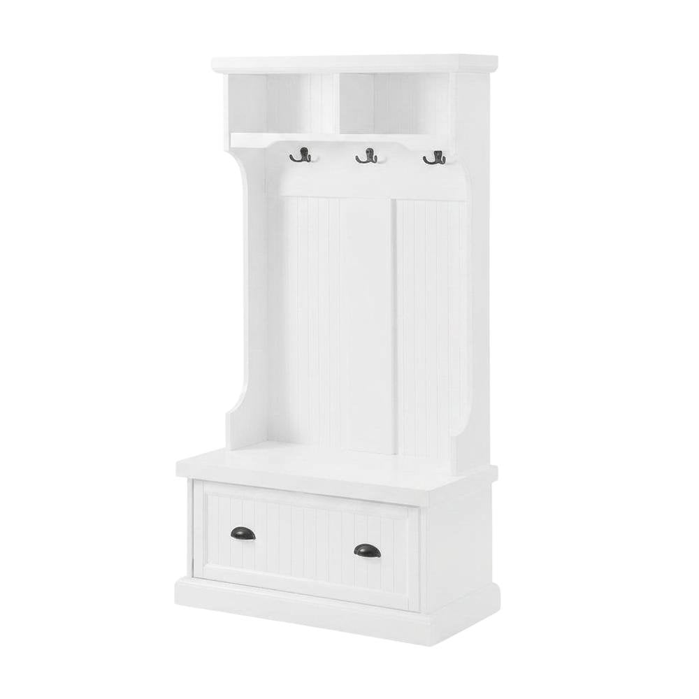 Wood hall tree with storage bench and coat hooks for entryway