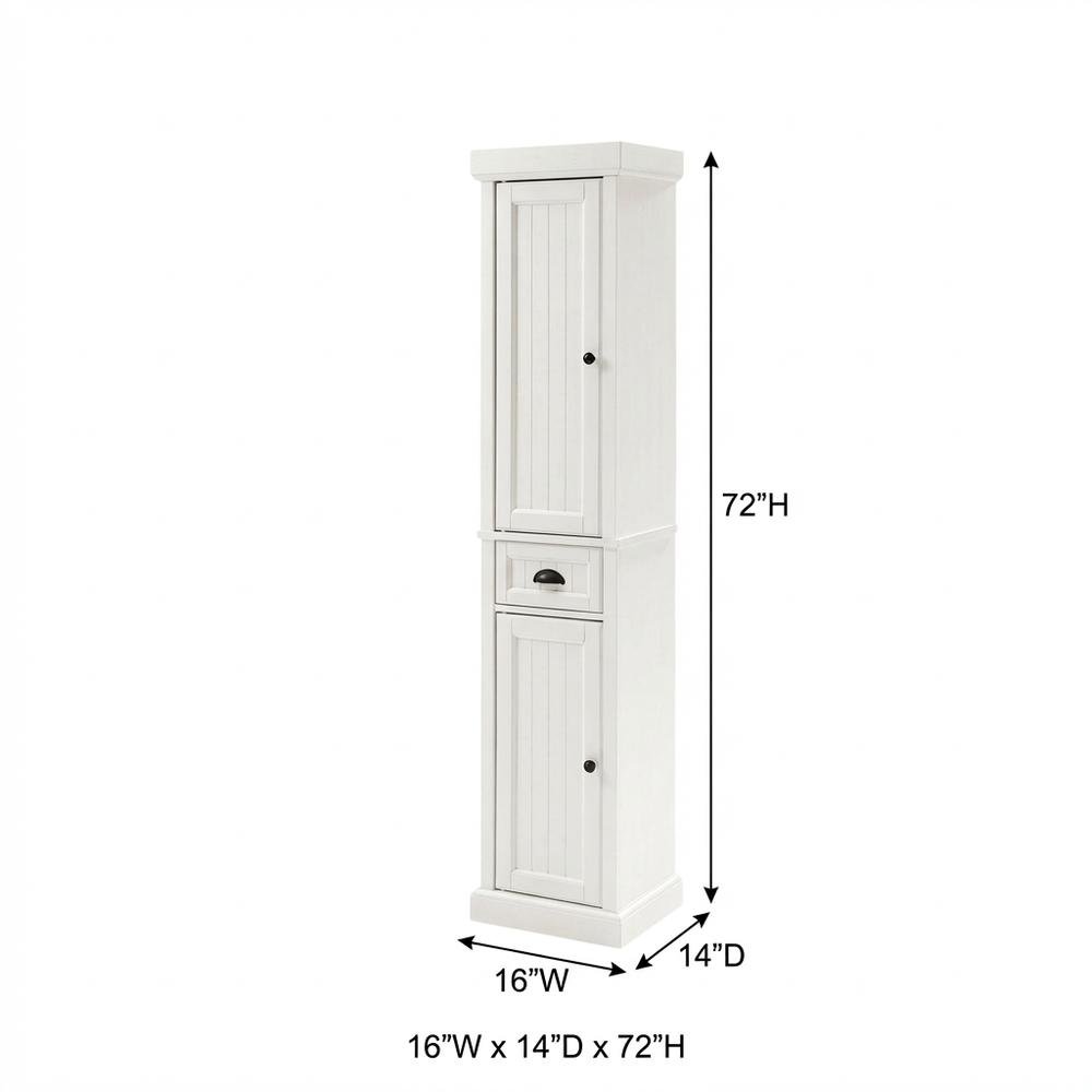 Tall linen cabinet in distressed white with anti-tip hardware