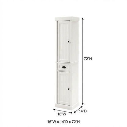 Tall linen cabinet in distressed white with anti-tip hardware