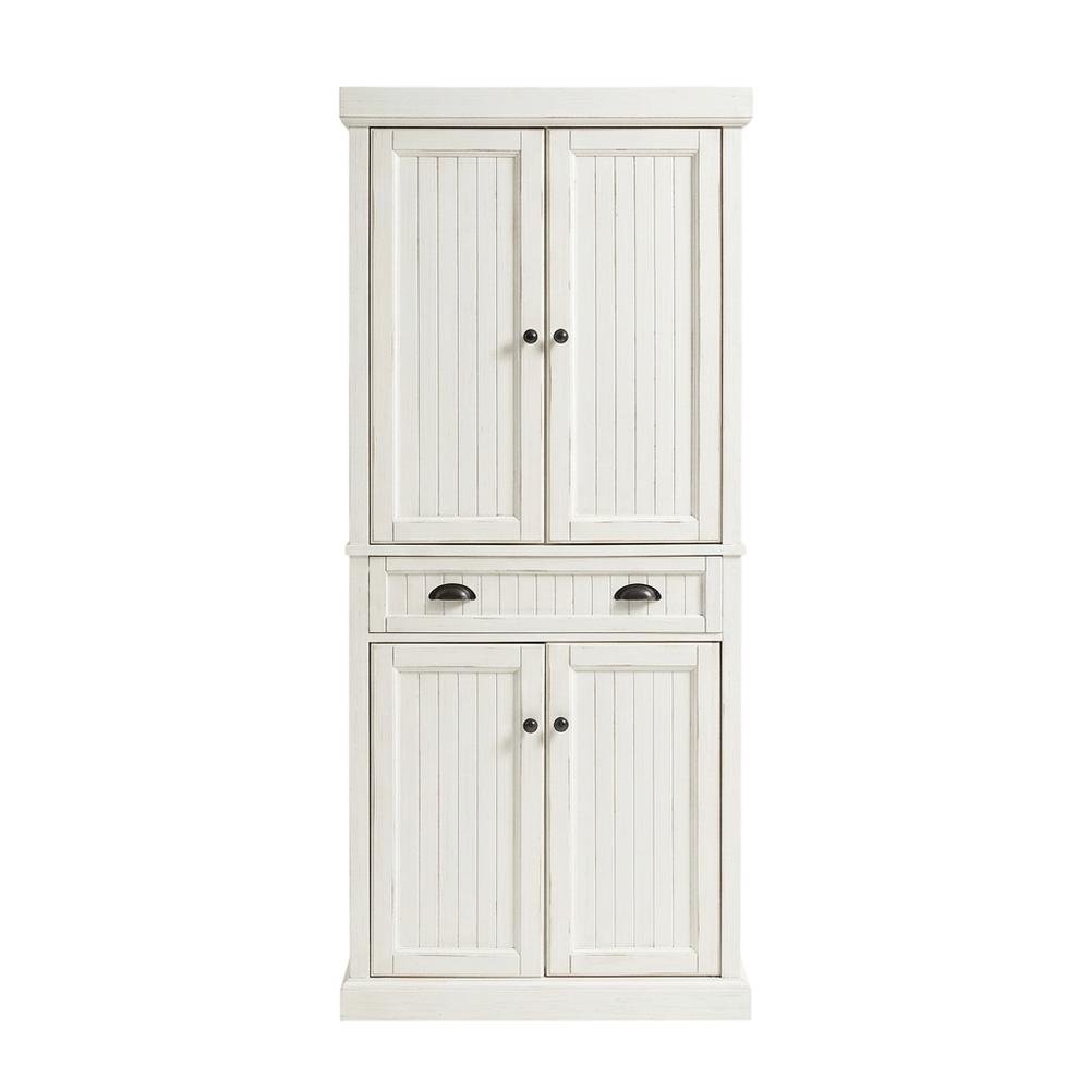 White kitchen pantry cabinet with anti-tip safety feature, sturdy construction