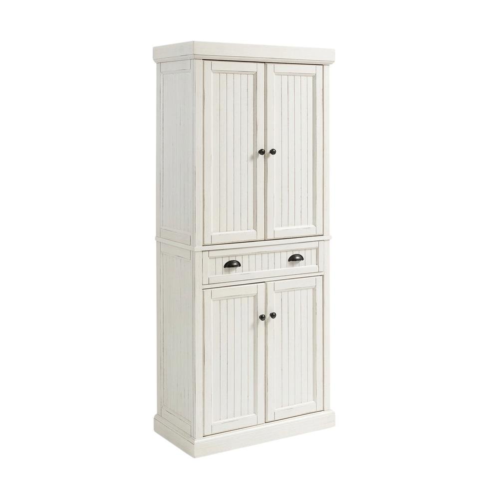 White kitchen pantry cabinet with anti-tip safety feature, sturdy construction