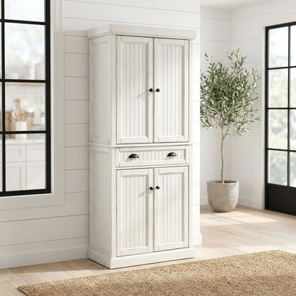 White kitchen pantry cabinet with anti-tip safety feature, sturdy construction