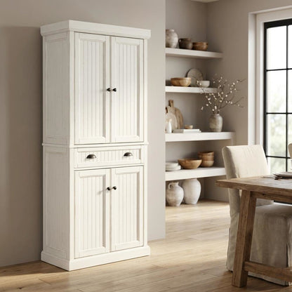 White kitchen pantry cabinet with anti-tip safety feature, sturdy construction