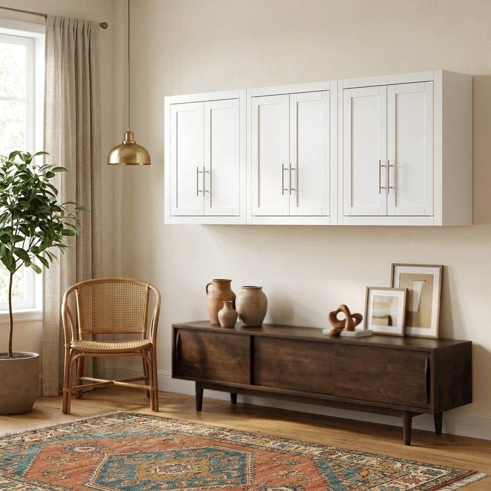 White 3-Piece Wall Storage Cabinet Set, MDF Birch Veneer