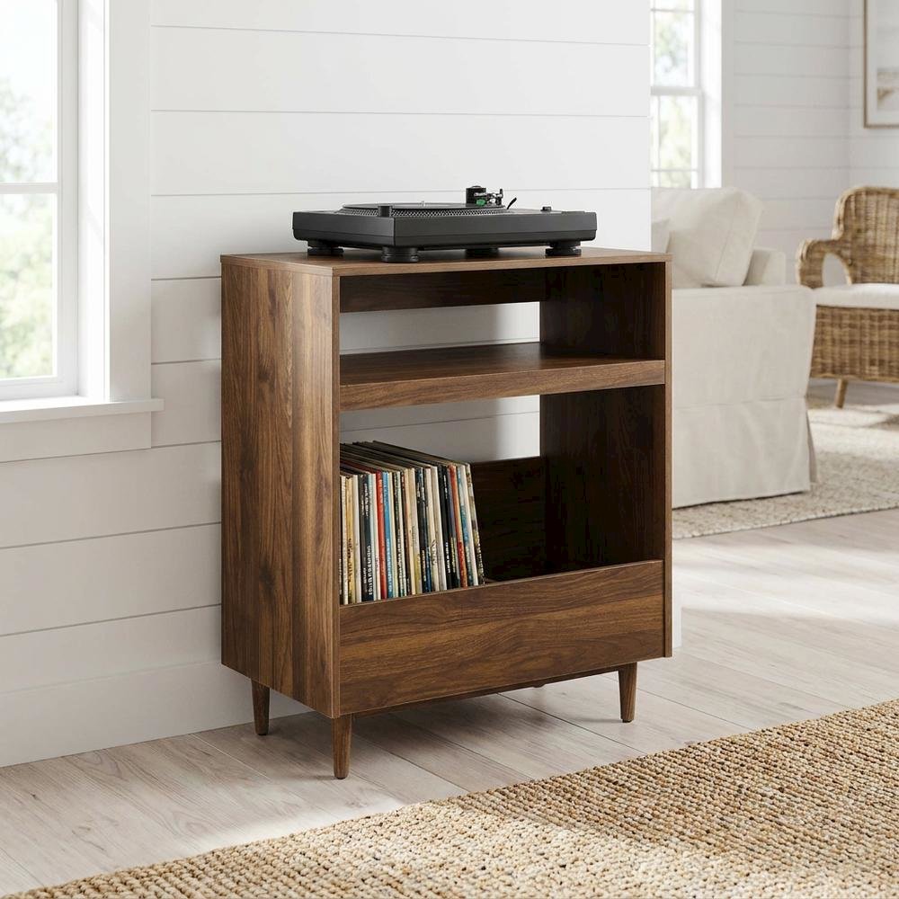 Wooden record player stand with vinyl storage, compact design for living rooms