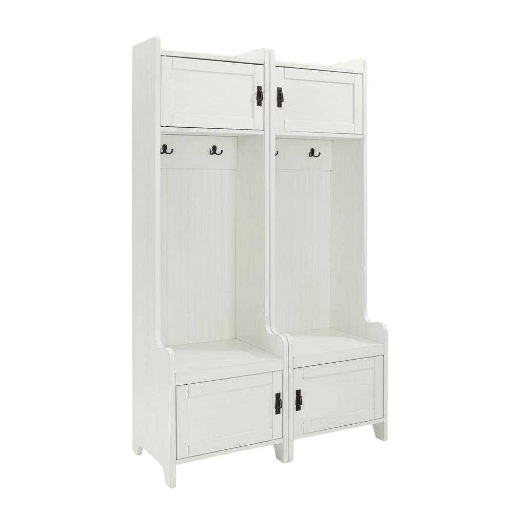 White entryway set with 2 hall trees for organized hallway storage