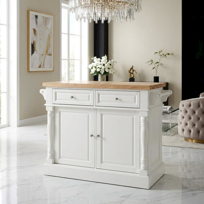 White kitchen island with butcher block top and anti-tip safety feature