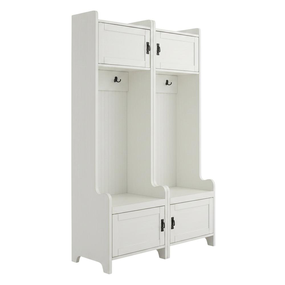 White entryway set with 2 hall trees for organized hallway storage