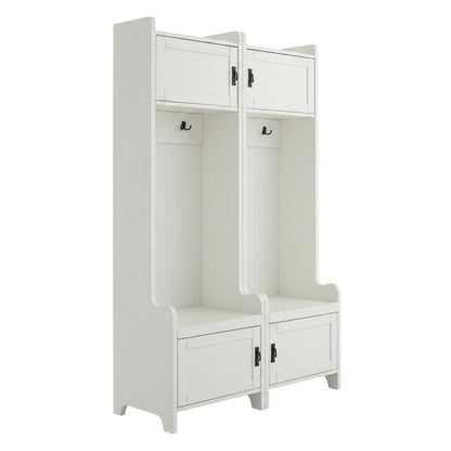 White entryway set with 2 hall trees for organized hallway storage