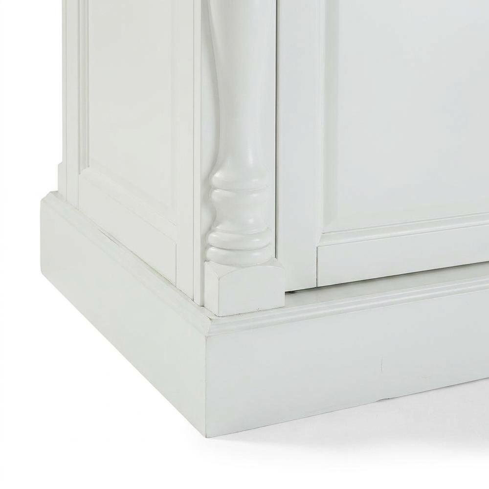 White kitchen island with butcher block top and anti-tip safety feature