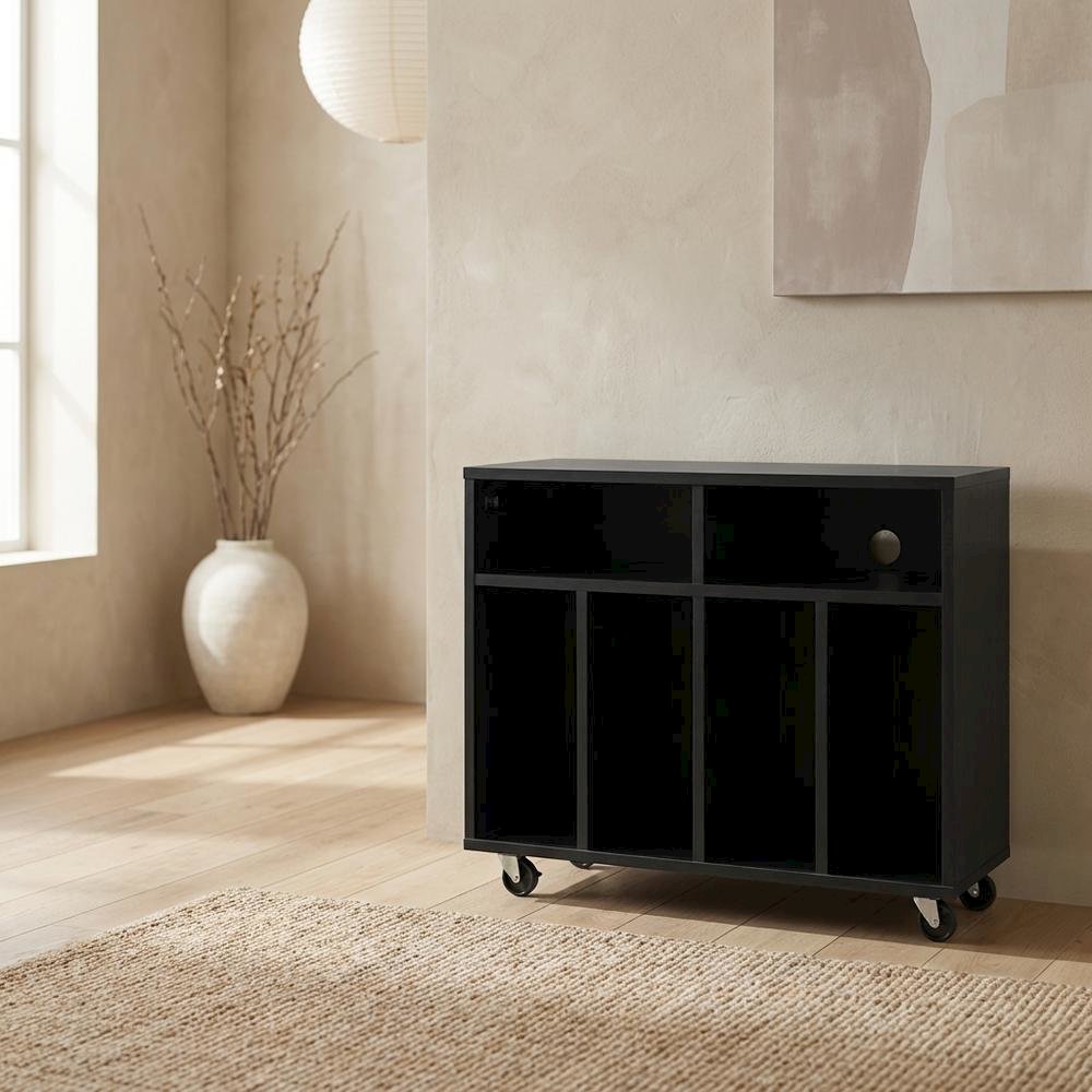 Wooden record player stand with vinyl storage and sleek design