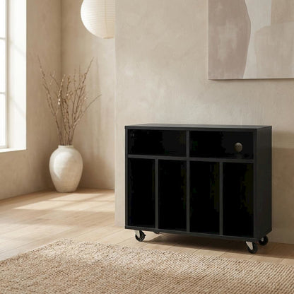 Wooden record player stand with vinyl storage and sleek design